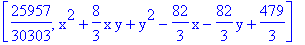 [25957/30303, x^2+8/3*x*y+y^2-82/3*x-82/3*y+479/3]